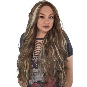 Brown Blonde Highlights Spiral Perm Curly Heat Friendly Synthetic Lace Front Wig